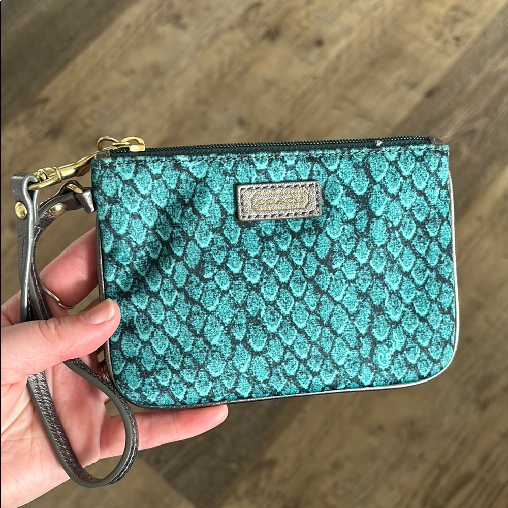 Coach Green Clutch with Textured Snakeskin Design